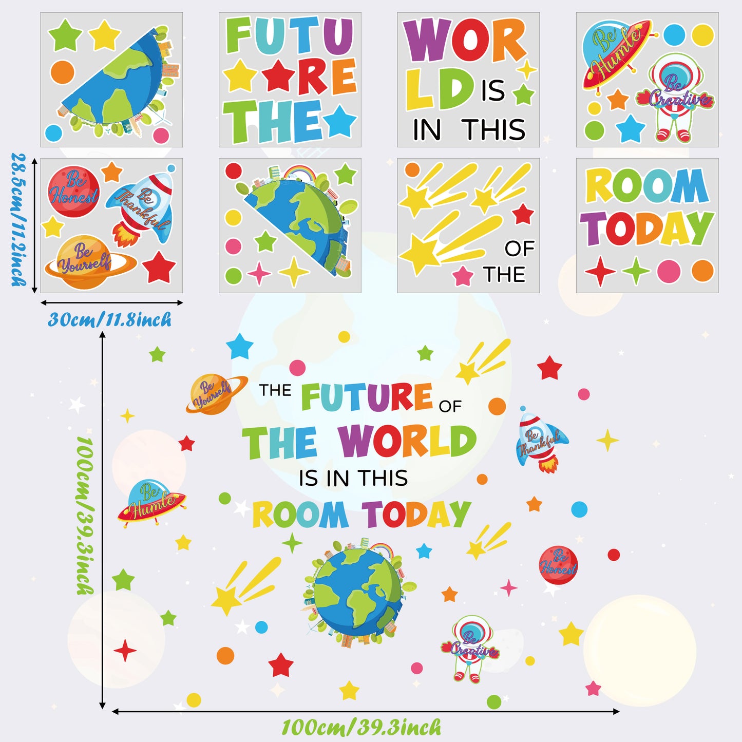 8Pcs Colorful Inspirational Quote Wall Decal, Earth Universe Space Planet Themed Motivational Wall Stickers Decoration for Home Bedroom Playroom School Classroom Nursery Kids Room Decorations