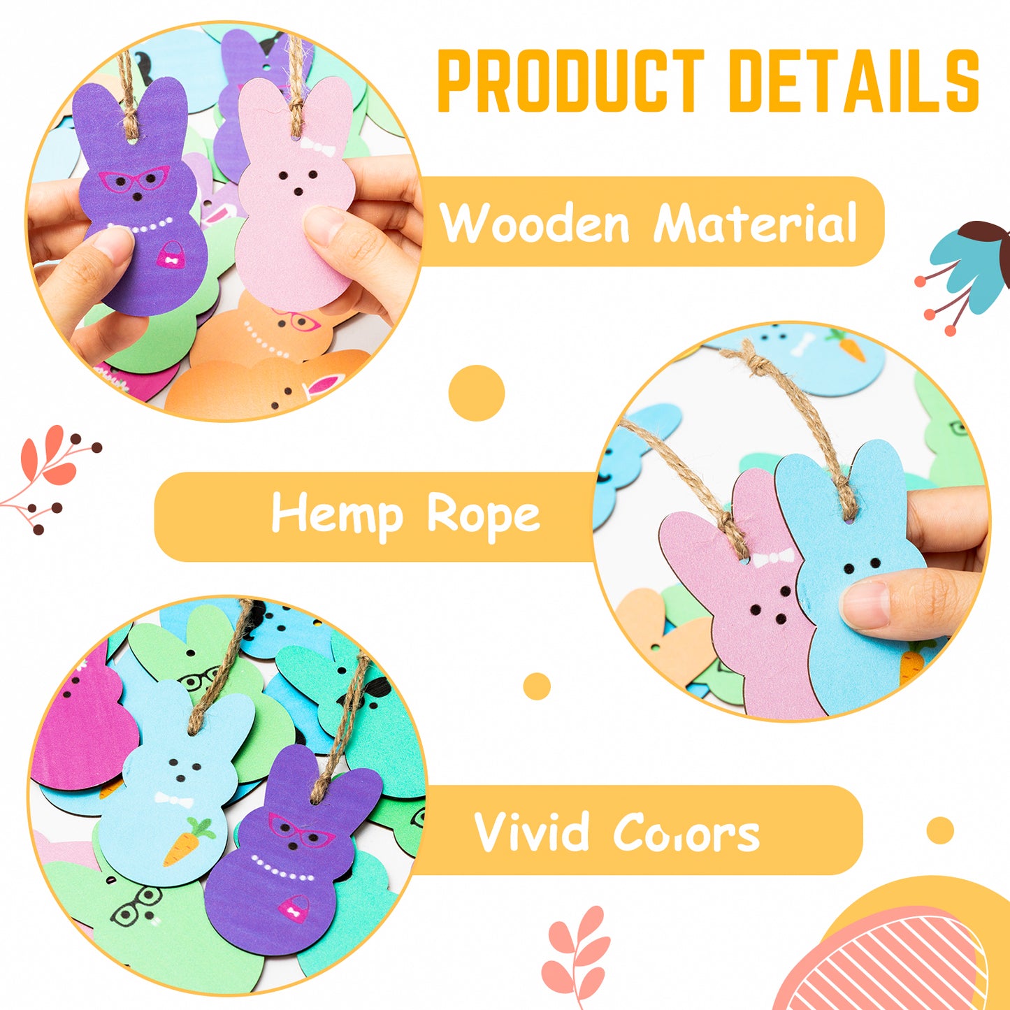 37Pcs Easter Peeps Bunny Wood Ornaments Kit, Multi-Color Spring Easter Bunny Wooden Slices Ornament Decorations with Hanging Rope, Farmhouse Religious Tree for Crafts Easter Party Favor, Easter Gifts