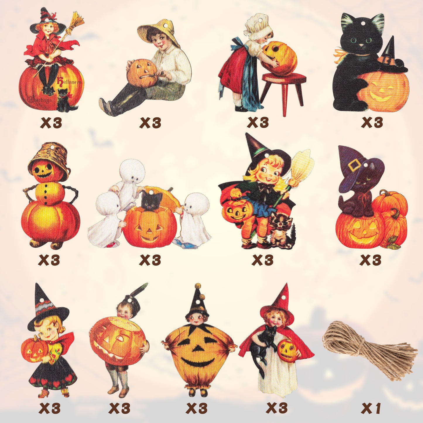 37Pcs Halloween Wooden Hanging Ornaments Wooden Pumpkin Black Cat Witch Hat Ghost Ornaments Halloween Wood Hanging Signs Halloween Wooden Decors with Rope for Party Decoration (Vintage Style)