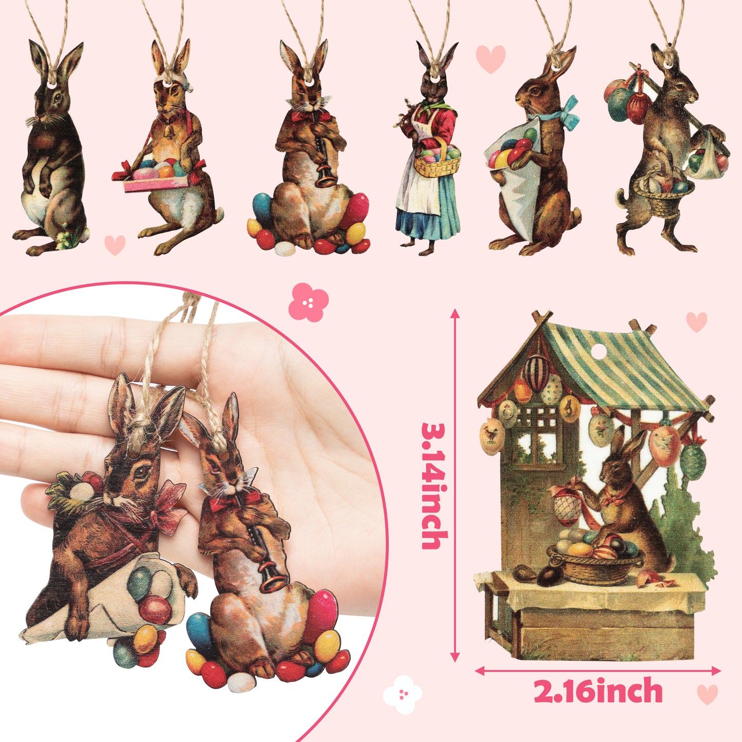37Pcs Easter Vintage Bunny Wood Ornaments Decorations, Old Style Victorian Style Easter Element Wooden Ornaments, Farmhouse Religious Tree Home Decor Easter Gift Easter Party Theme Decorations