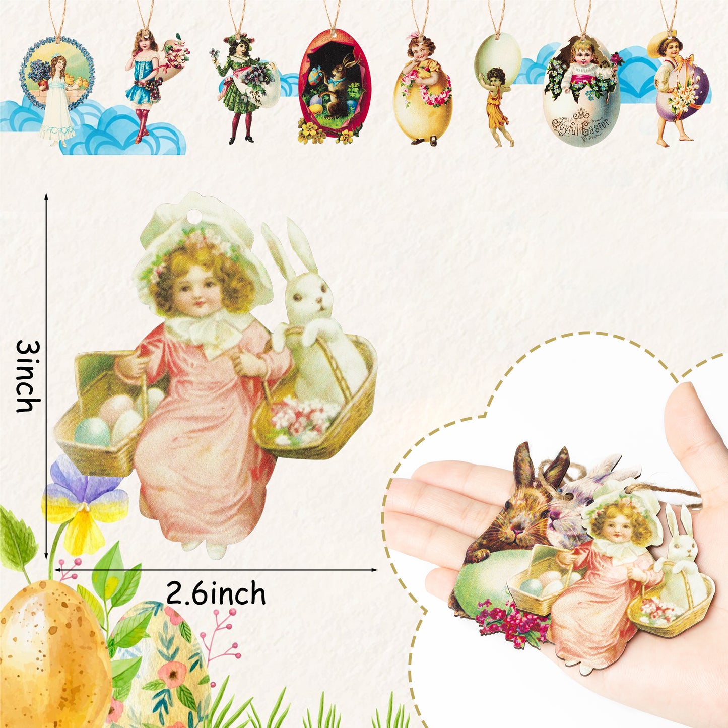 46PCS Easter Wooden Hanging Ornaments with Ropes, Vintage Style Wood Easter Hanging Decorations DIY Crafts, Egg Bunny Rabbit Spring Easter Decor Party Supplies Home Door Wall Tree Decoration