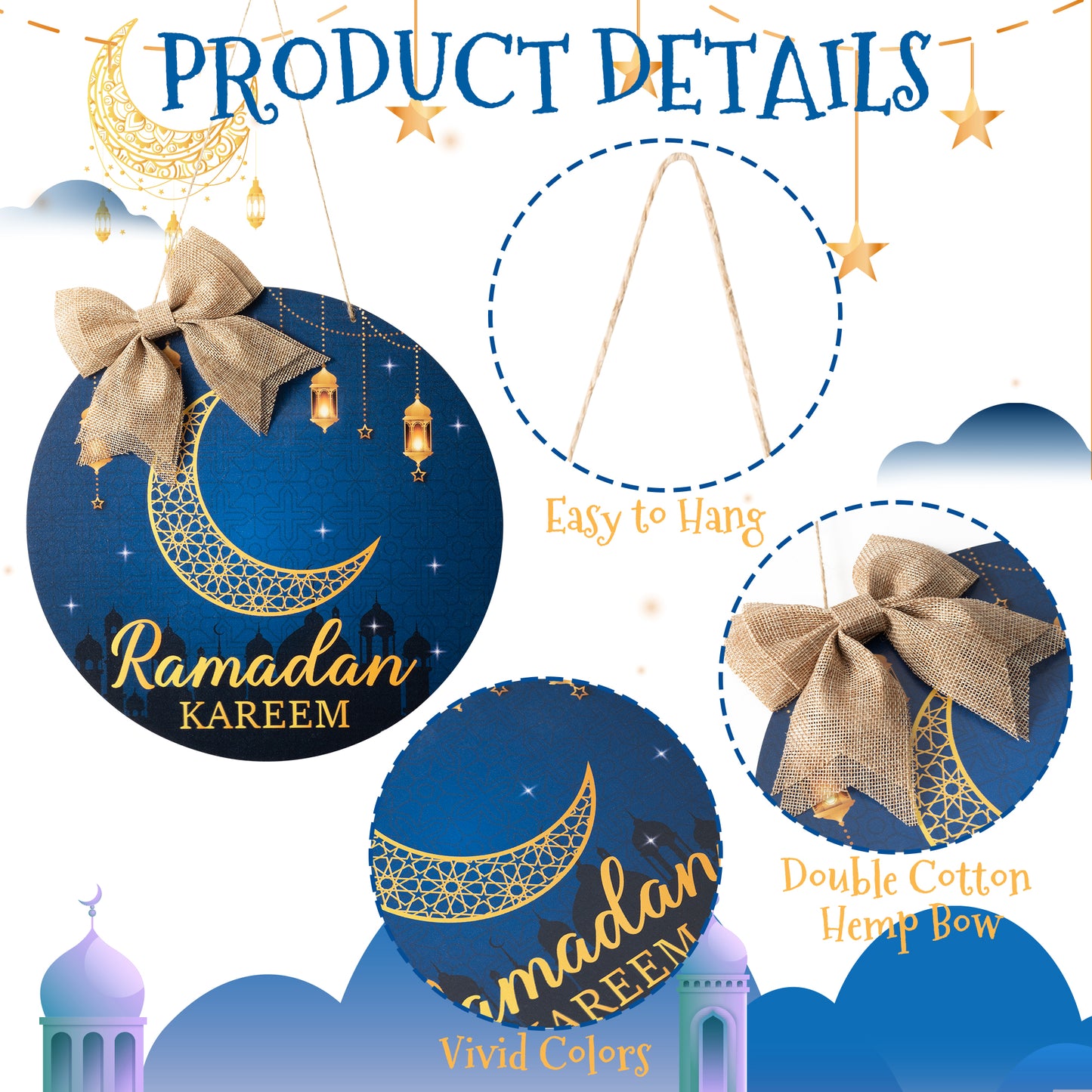 Ramadan Kareem Wreath Wooden Hanging Door Sign Decorations Eid Mubarak Wood Hanging Signs Eid Mubarak Moon Ornament Wall Door Window Decor Party Supplies(Cotton linen bow included)