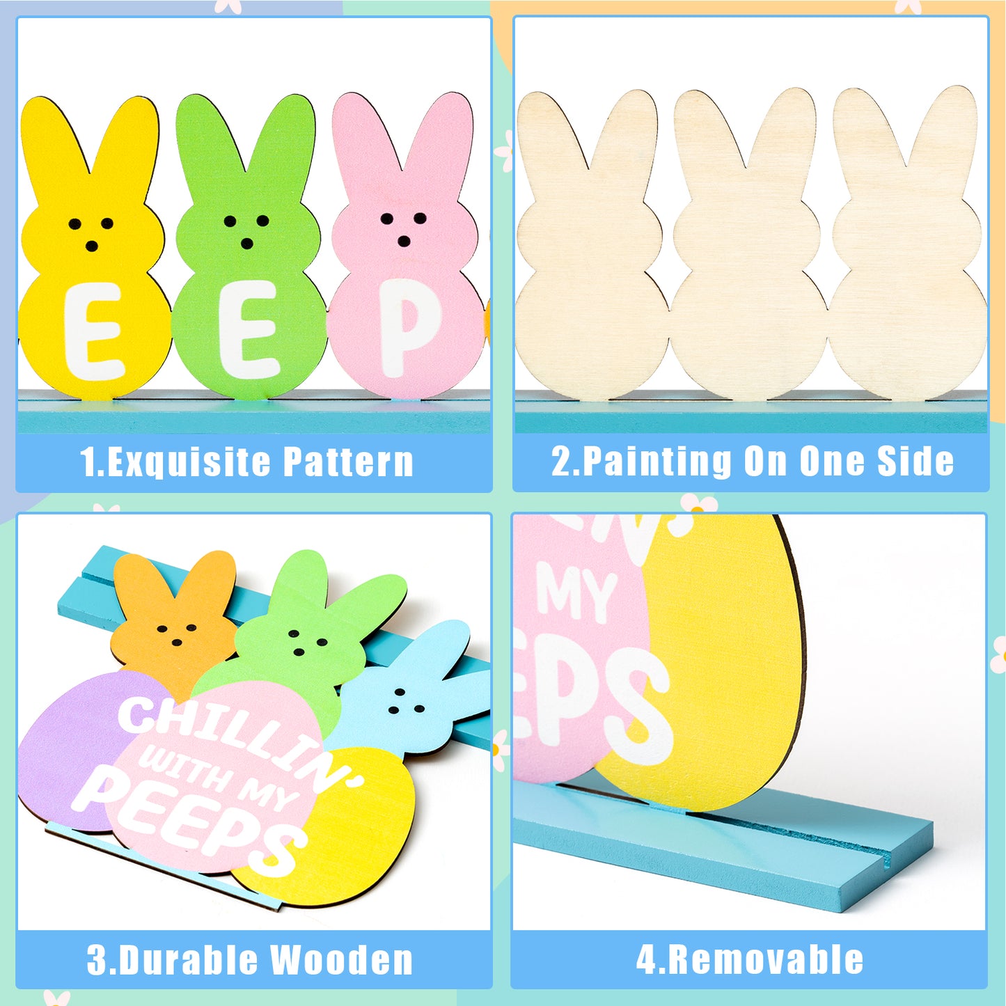 3Pcs Happy Easter Table Decorations Bunny Peeps Sign Happy Egg Hunt Table Centerpieces Bunny Rejoice Sign Wooden Easter Party Decorations Table Ornament for Easter Indoor Party Favors Tiered Tray Home