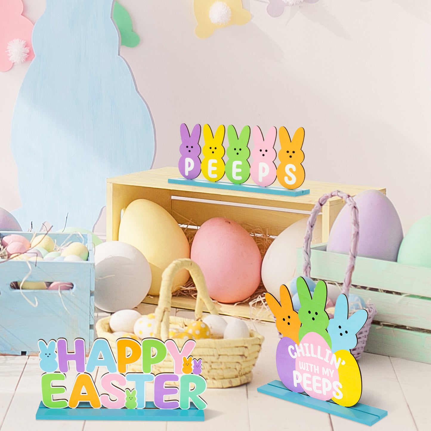 3Pcs Happy Easter Table Decorations Bunny Peeps Sign Happy Egg Hunt Table Centerpieces Bunny Rejoice Sign Wooden Easter Party Decorations Table Ornament for Easter Indoor Party Favors Tiered Tray Home