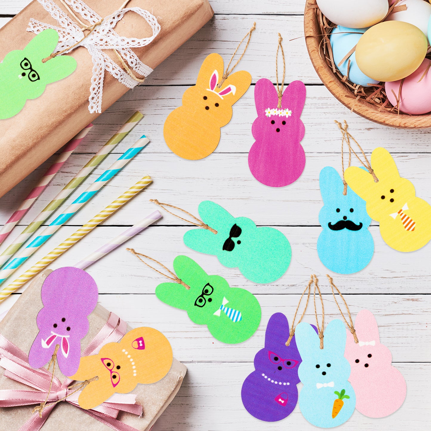 37Pcs Easter Peeps Bunny Wood Ornaments Kit, Multi-Color Spring Easter Bunny Wooden Slices Ornament Decorations with Hanging Rope, Farmhouse Religious Tree for Crafts Easter Party Favor, Easter Gifts