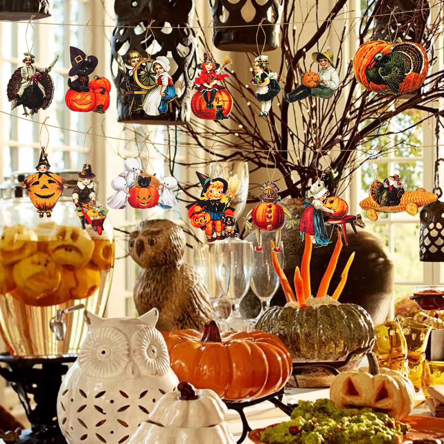 41Pcs Vintage Halloween Pumpkin Wood Ornaments Vintage Black Cat Halloween Party Theme Decoration,Halloween Wood Hanging Ornaments Fall Vintage Theme Party Indoor Outdoor Decorations