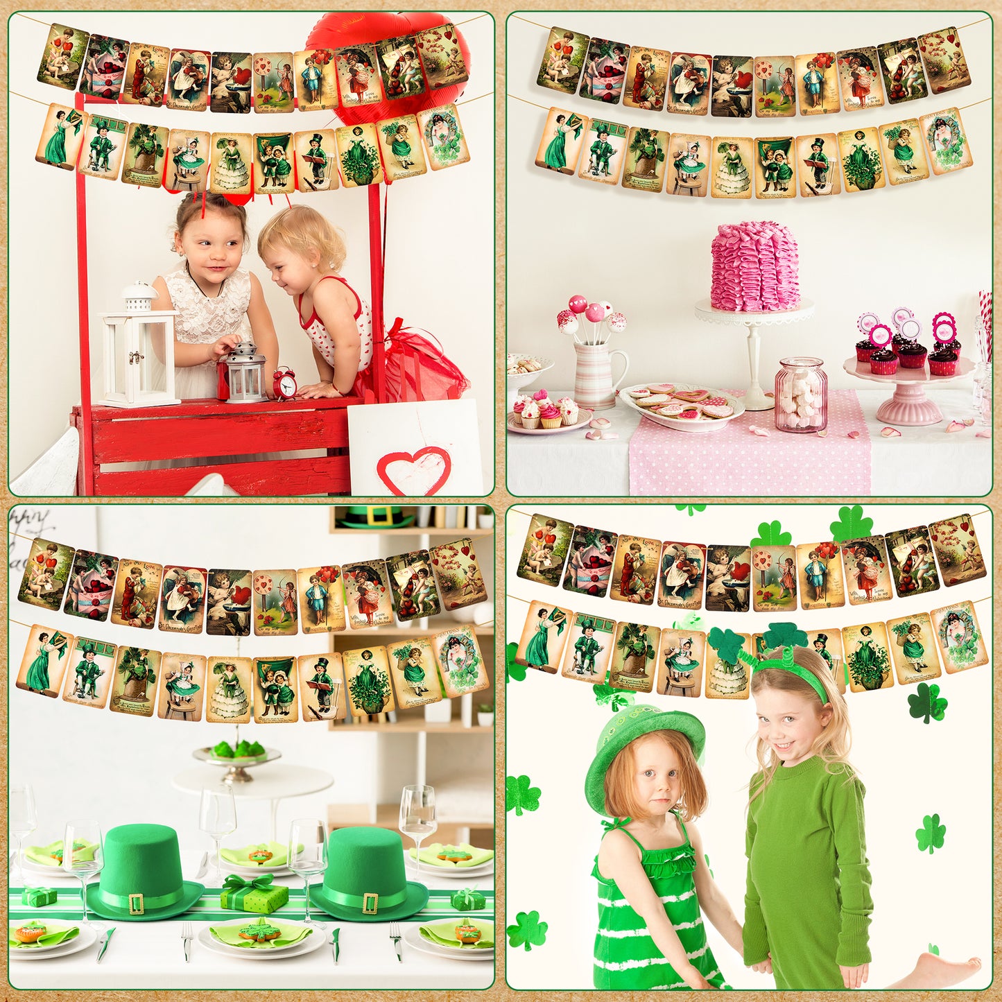 2 Vintage Style Valentine's Day St. Patricks Day Hanging Banner, Party Supplies Hanging Garland Ornaments Cupid Clover Decorations, Valentine Irish Day Sign for Holiday Party Home Wall Window Decor