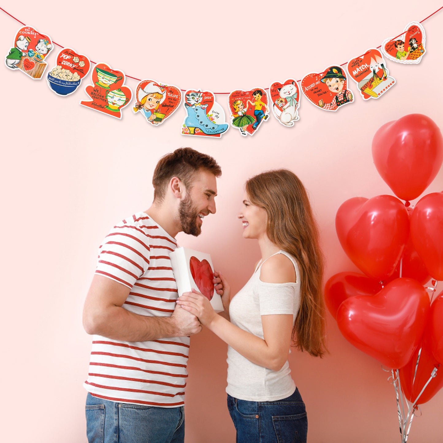 Vintage Valentine’s Day Card Hanging Banner Garlands Decoration ,Valentines Wall Hanging Banner Decor Different 10 Pattern With Rope Valentine's Card Hanging Banner Sign Decor Vintage Theme Party