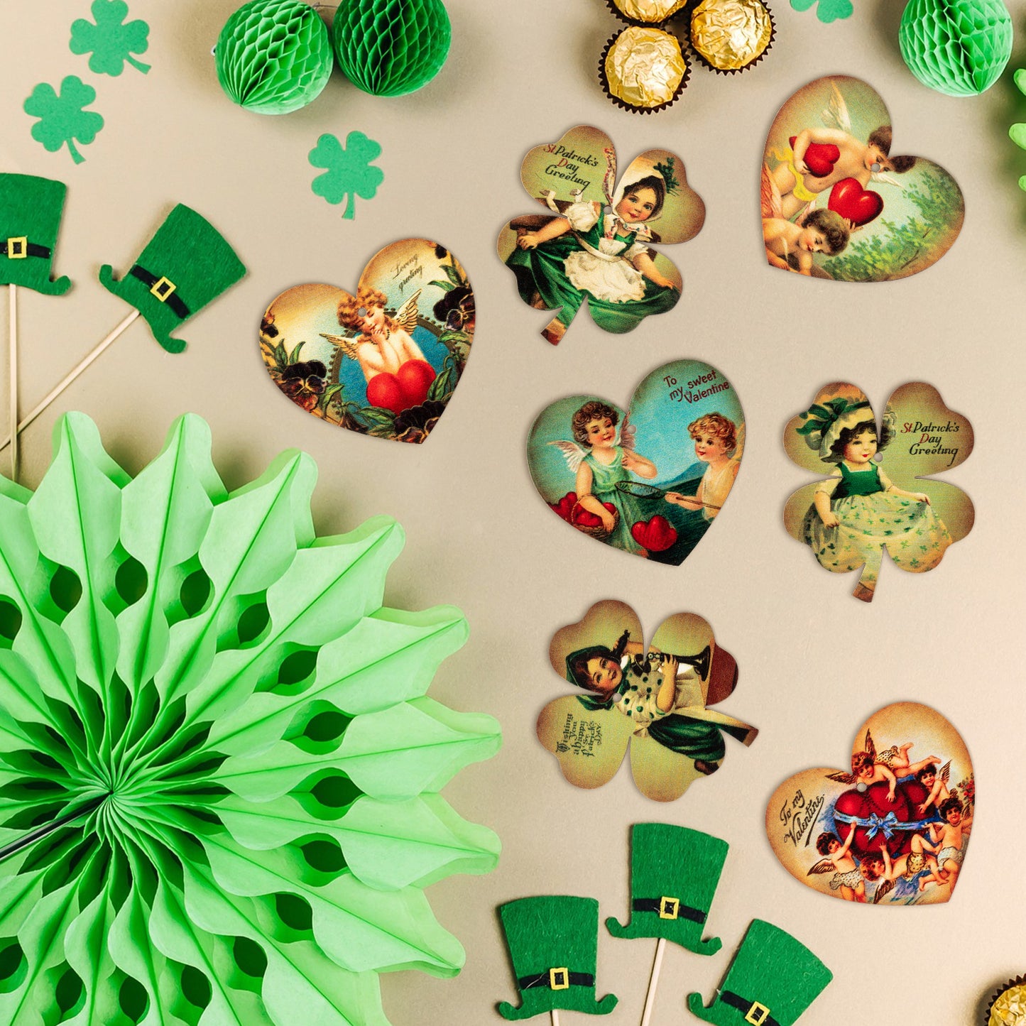 41Pcs Valentine's Day Heart St. Patricks Day Four Leaf Clover Wood Vintage Hanging Decorations, Wooden Valentine Heart-Shaped Cupid Irish Day Hanging Ornaments Party Supplies Decoration