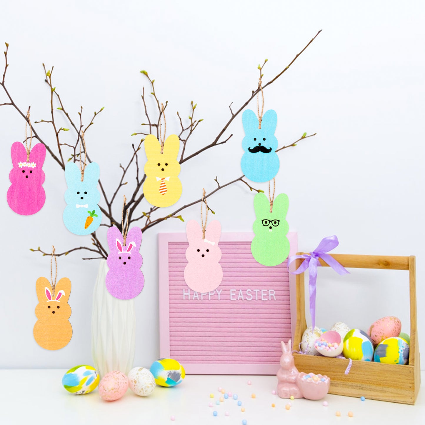 37Pcs Easter Peeps Bunny Wood Ornaments Kit, Multi-Color Spring Easter Bunny Wooden Slices Ornament Decorations with Hanging Rope, Farmhouse Religious Tree for Crafts Easter Party Favor, Easter Gifts