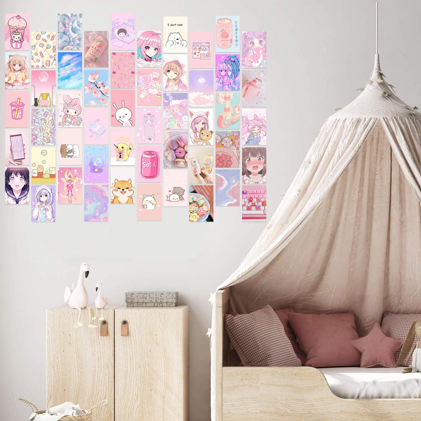 50pcs Kawai Anime Aesthetic Picture Wall Collage Kit, Pink Cartoon Assembled Print Card Set, Dorm Photo Poster Display, Trendy Style Art Print Photo Collection, Sweet Room Cute Decor For Teen Girls