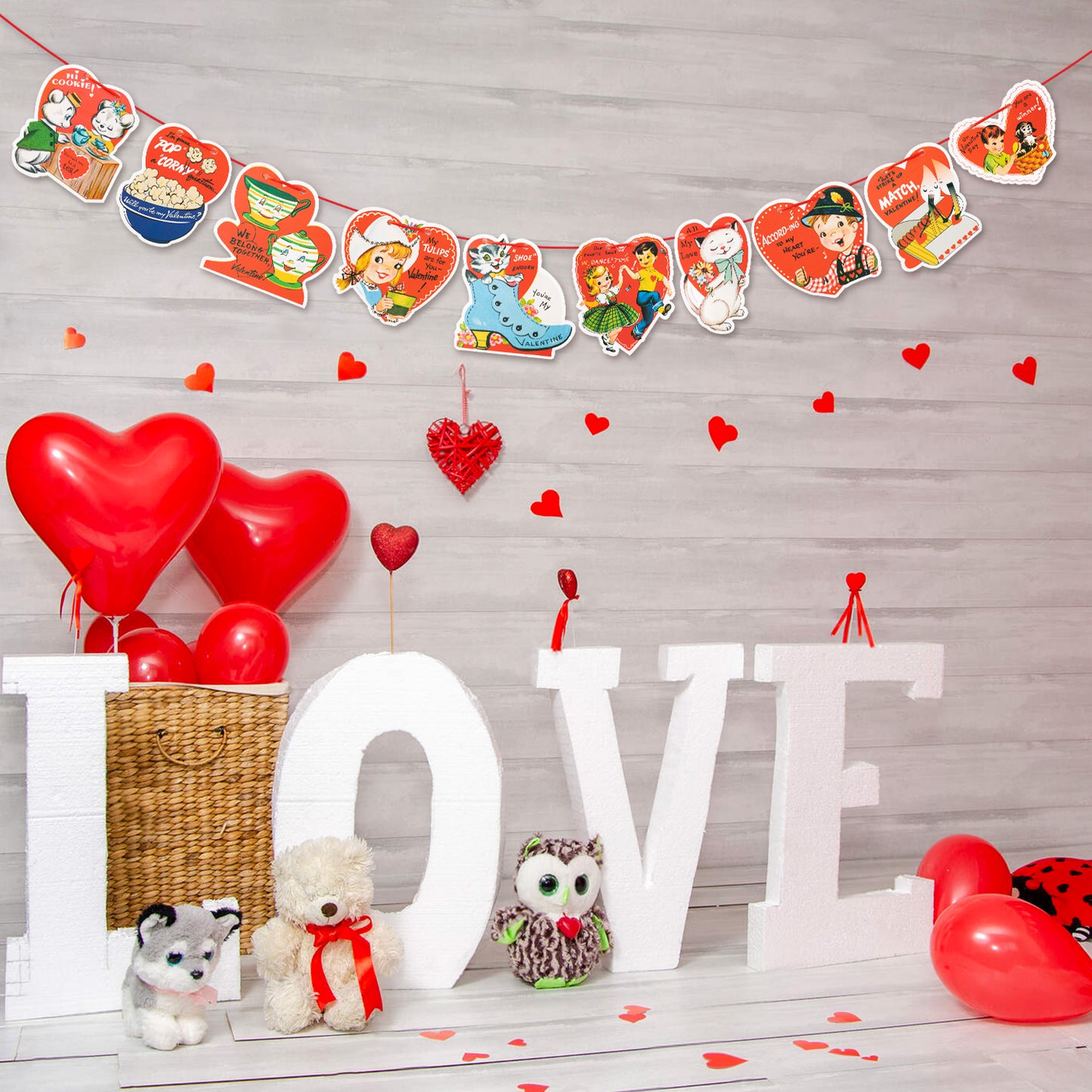 Vintage Valentine’s Day Card Hanging Banner Garlands Decoration ,Valentines Wall Hanging Banner Decor Different 10 Pattern With Rope Valentine's Card Hanging Banner Sign Decor Vintage Theme Party