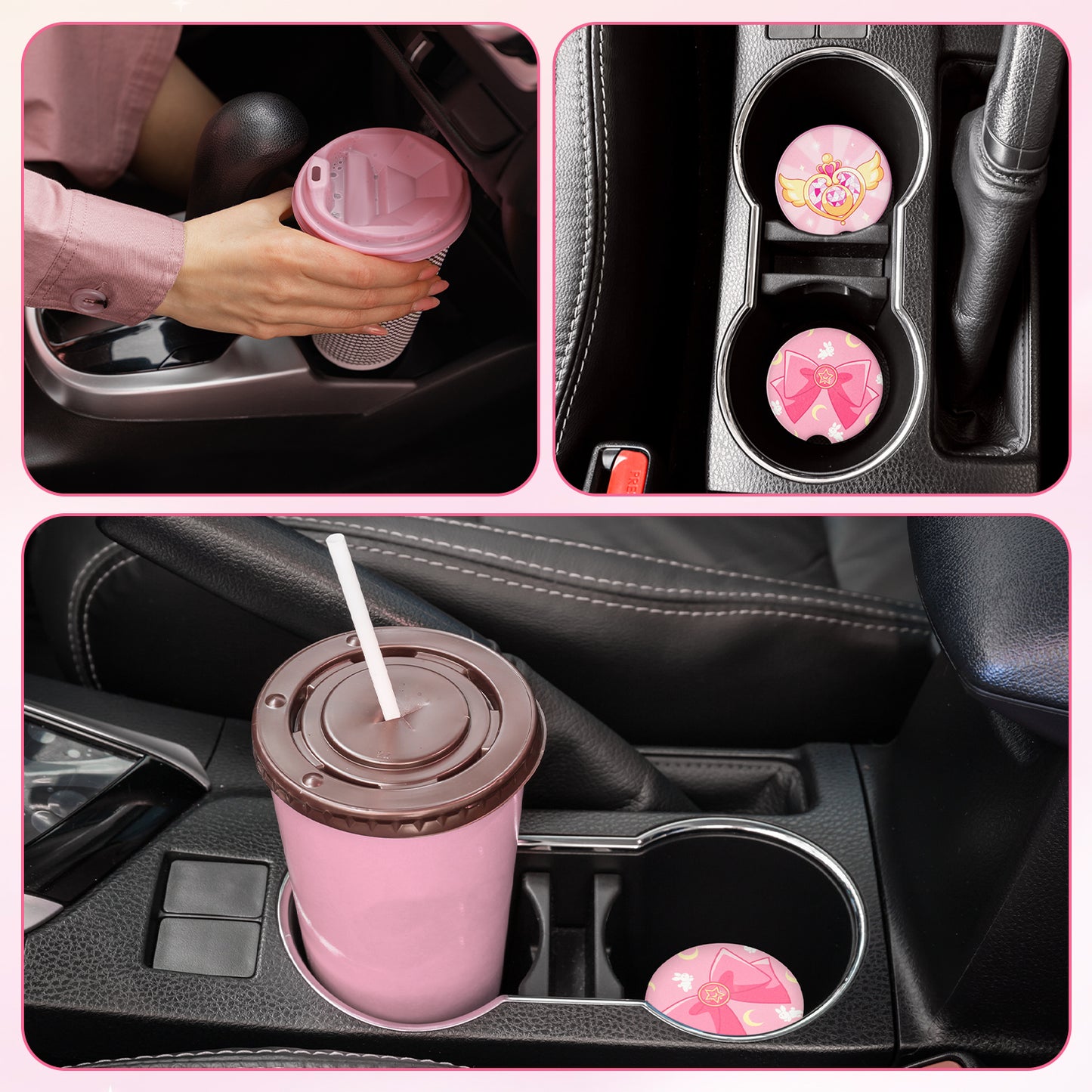 4Pcs Anime Moon Cat Car Coasters for Drinks Absorbent with Finger Notch Aesthetic Moon Cat Shaped Absorbent Ceramics Heat Resistant Anti Slip Cork Base Car Drinks Coasters Auto Accessories