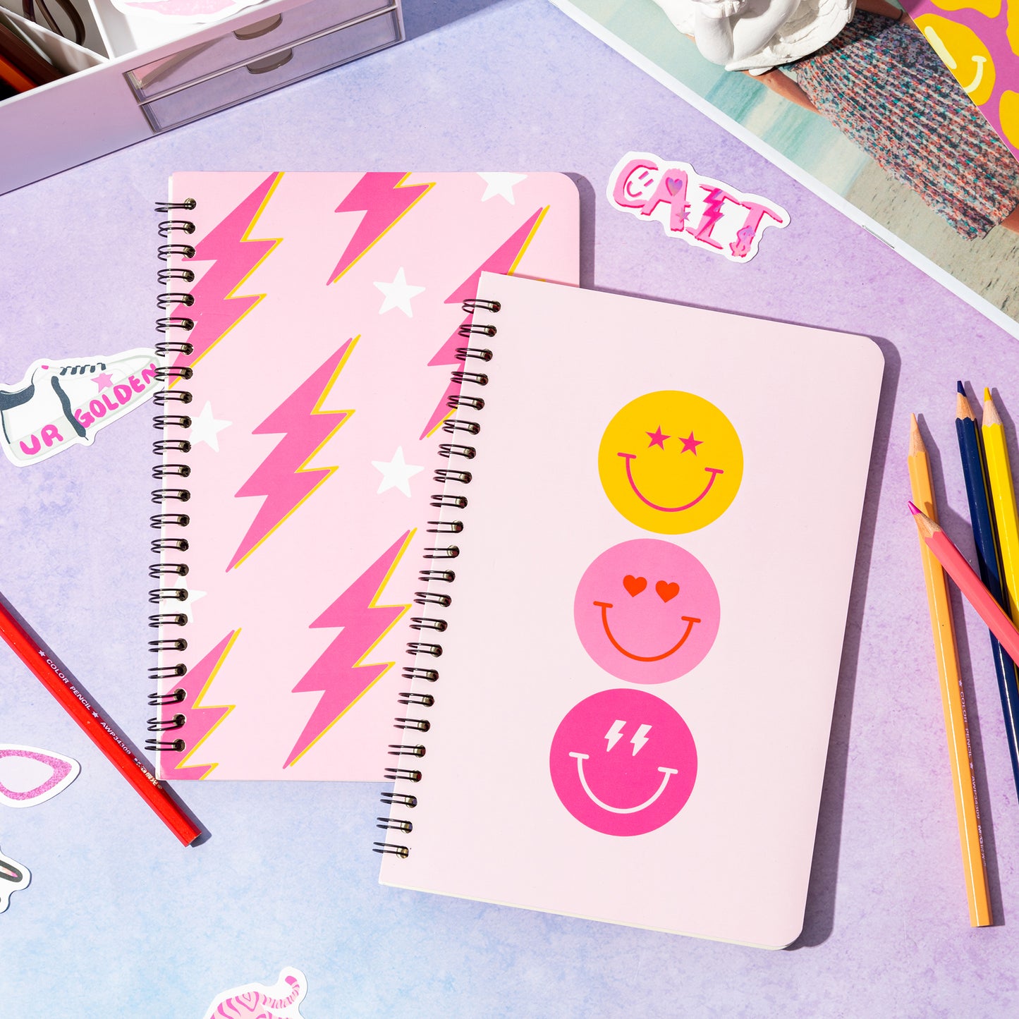 2 A5 Preppy Spiral Notebooks for Kids Teens, Y2K Hardbound Spiral Journal for Student Happy Smile Hardcover Notebook, Pink Wire Bound Spiral Notebook Friends Gift Notepad Diary for School Office Work