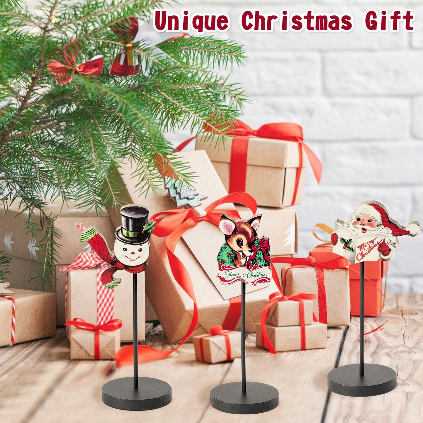 3Pcs Vintage Christmas Wood Tall Standing Block Set, Christmas Party Decoration Snowman Santa Elk Table Decorations, Wooden Tabletop Signs for Home Decor Supplies, Holiday Gifts for Kids