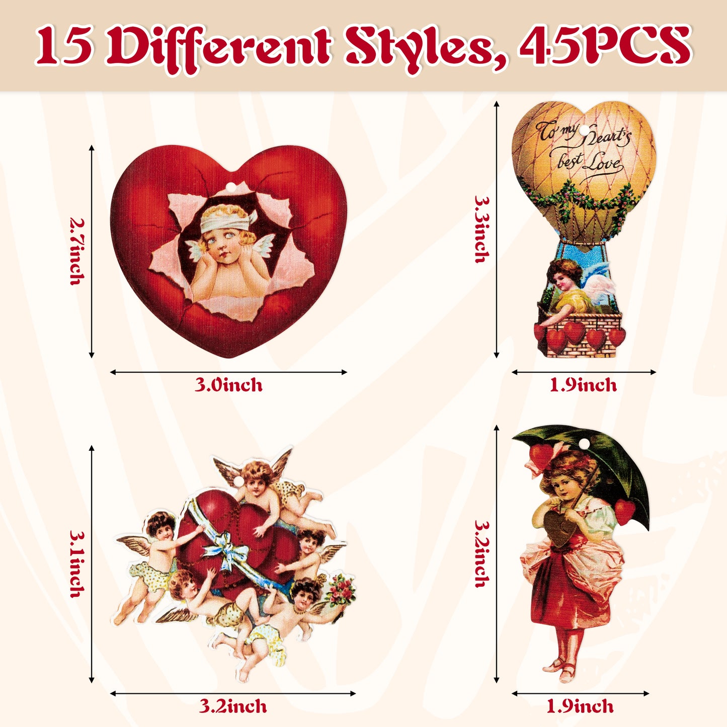 46Pcs Valentine's Day Vintage Wooden Hanging Ornament Decorations, Valentine Heart Shape Gnome Cupid Victoria Style Hanging Decoration, Wedding Anniversary Engagement Decor Party Supplies Gift…