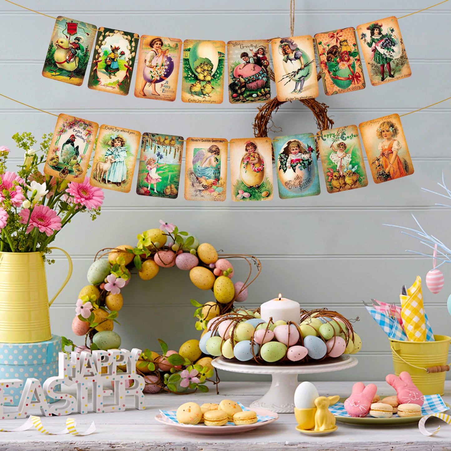 2Pcs Easter Hanging Decoration Vintage Style Wooden Banner, Easter Hanging Bunting Garlands Ornaments Decorations, Holiday Party Supplies Window Fireplace Home Indoor Outdoor Tree Decor