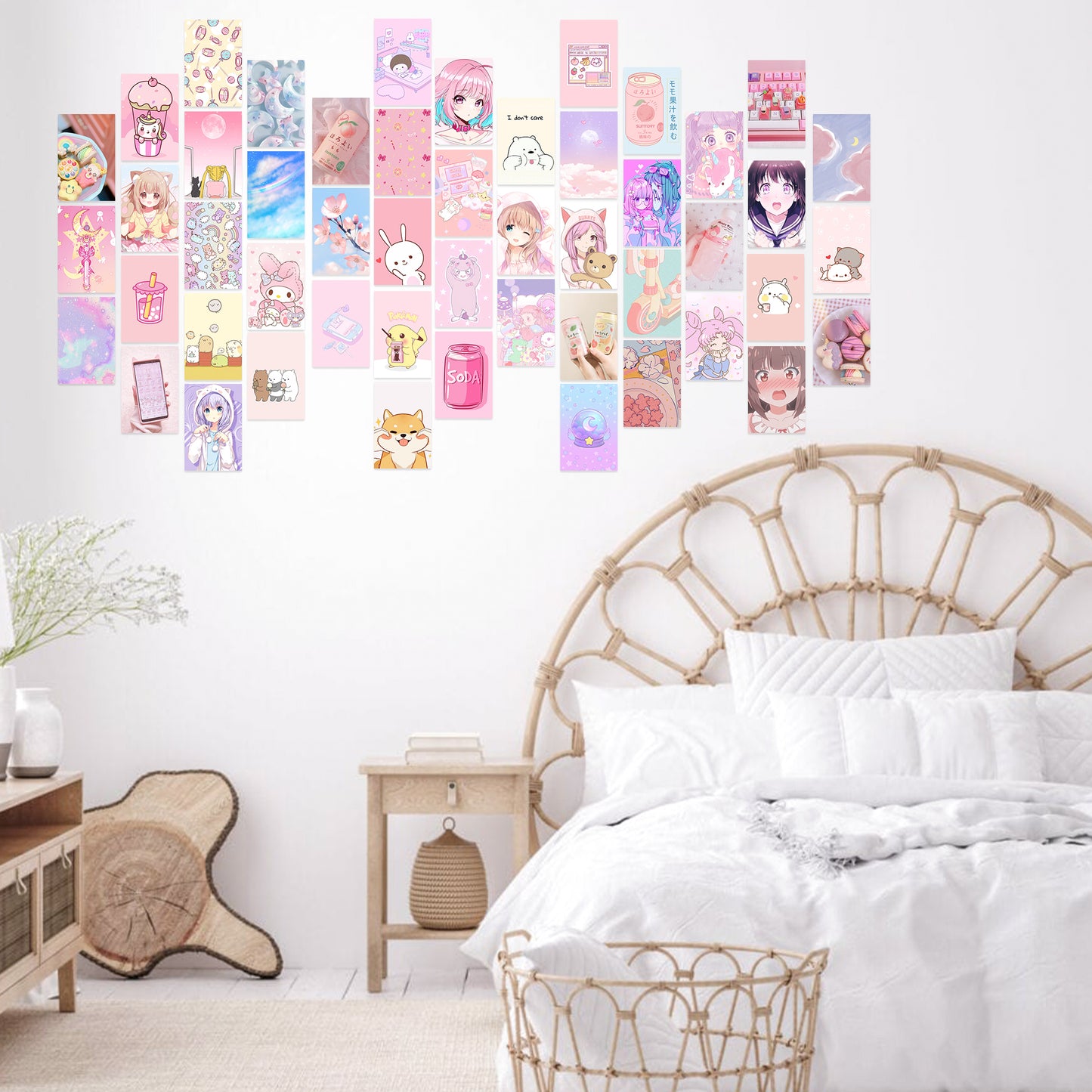 50pcs Kawai Anime Aesthetic Picture Wall Collage Kit, Pink Cartoon Assembled Print Card Set, Dorm Photo Poster Display, Trendy Style Art Print Photo Collection, Sweet Room Cute Decor For Teen Girls