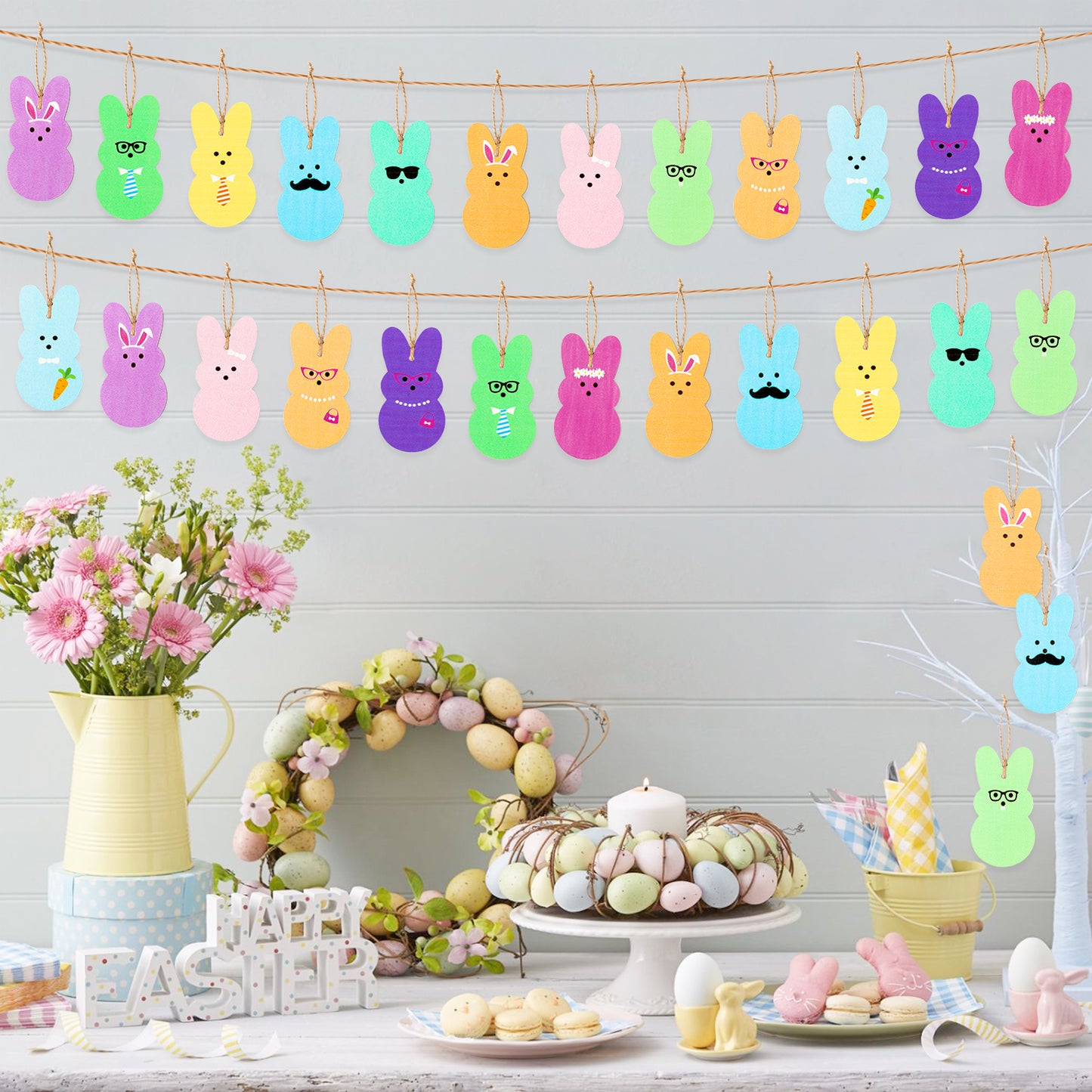 37Pcs Easter Peeps Bunny Wood Ornaments Kit, Multi-Color Spring Easter Bunny Wooden Slices Ornament Decorations with Hanging Rope, Farmhouse Religious Tree for Crafts Easter Party Favor, Easter Gifts