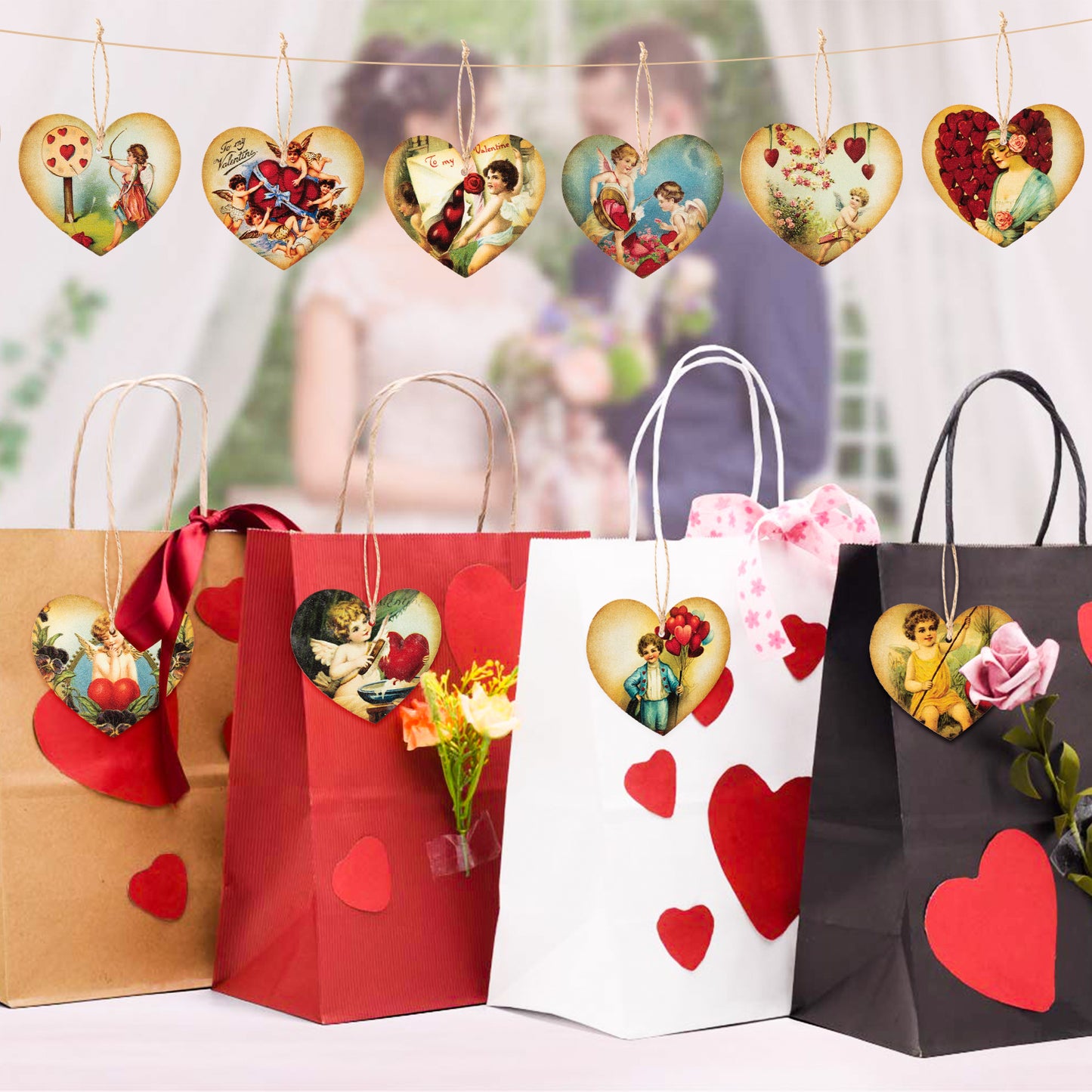 46Pcs Valentine's Day Heart Hanging Decoration, Valentine Vintage Style Wooden Ornaments Heart-Shape Pendant Decor with Hemp Rope, Engagement Anniversary Wedding Party Supplies Decorations