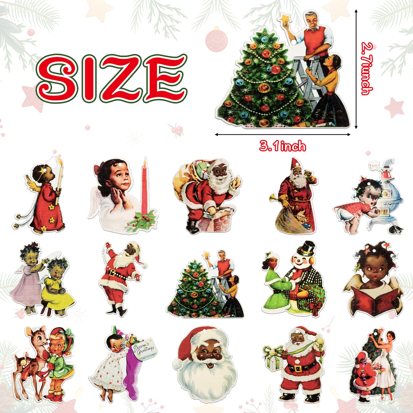 46PCS Christmas Wood Hanging Ornaments, African American Christmas Vintage Hanging Decorations Window Fireplace Fence Yard Office Home Decor, Xmas Party Holiday Wooden Pendant Ornament Decoration