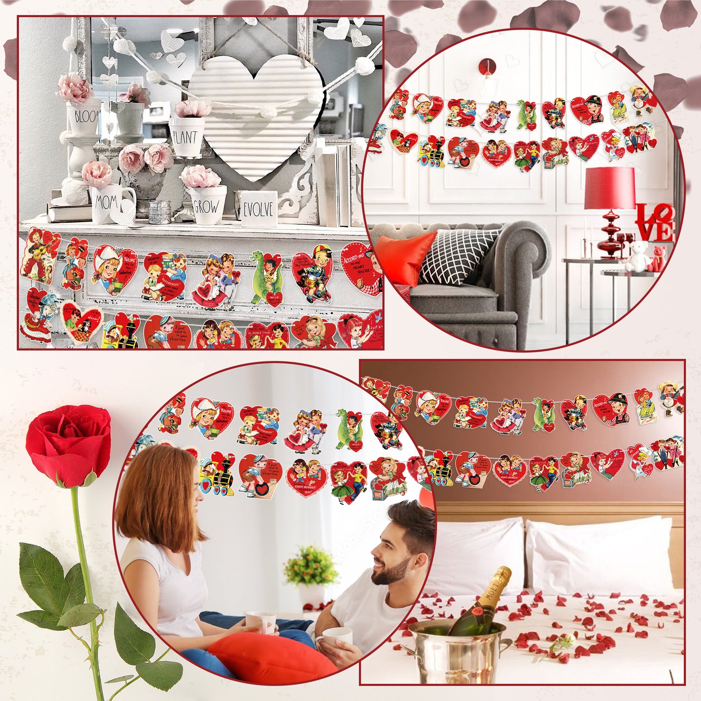 2Pcs Valentine's Day Decorations Vintage Style Hanging Banner Garland, 20 Styles Patterns Hanging Cards Banner with Rope, Valentine Party Supplies Decorations for Wedding Anniversary Engagement Decor