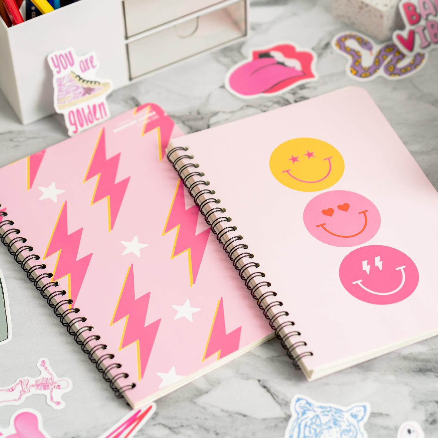 2 A5 Preppy Spiral Notebooks for Kids Teens, Y2K Hardbound Spiral Journal for Student Happy Smile Hardcover Notebook, Pink Wire Bound Spiral Notebook Friends Gift Notepad Diary for School Office Work