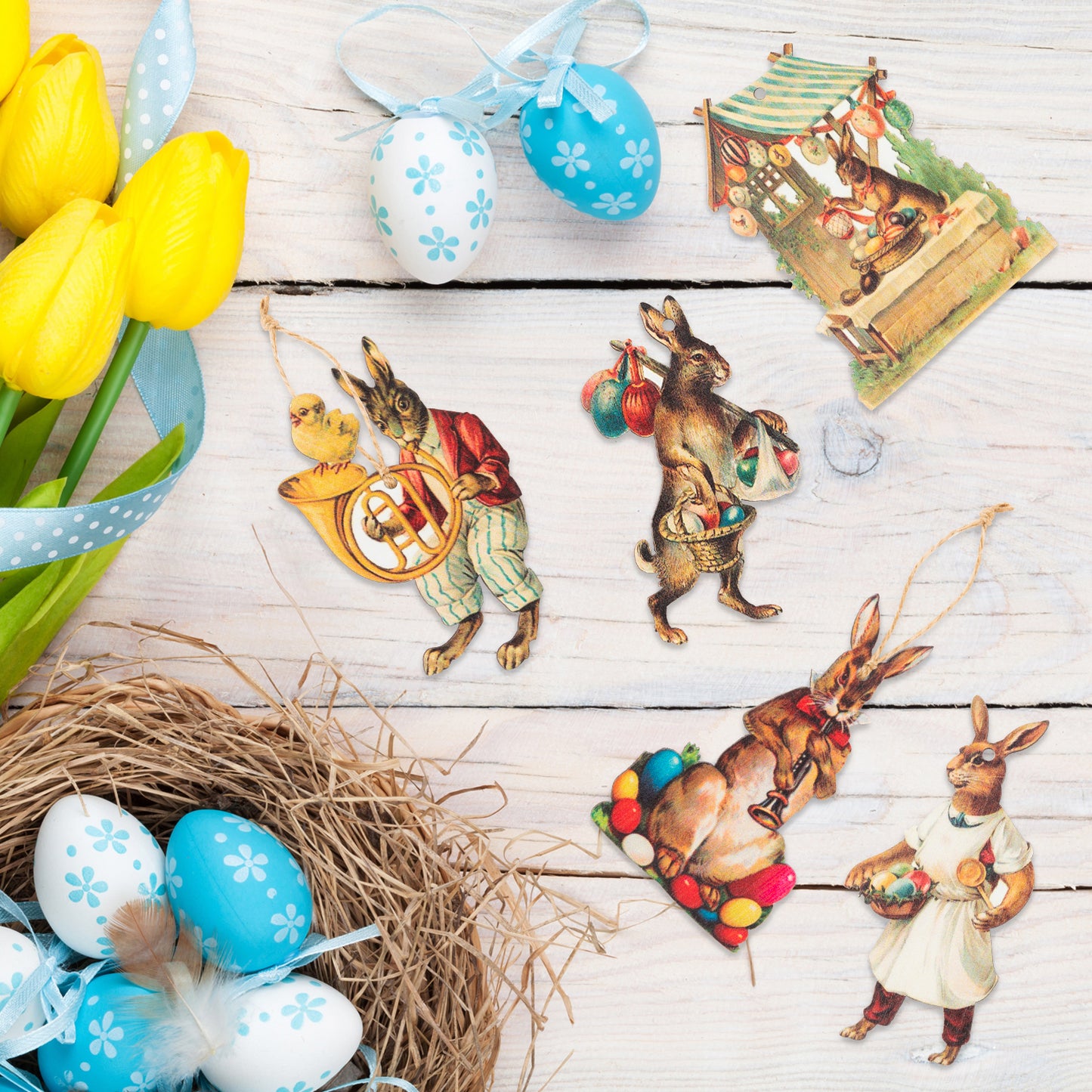 25Pcs Vintage Easter Bunny Wood Ornaments Decorations,Vintage Easter Gift Easter Party Theme Decoration Anniversary or Easter for Couples