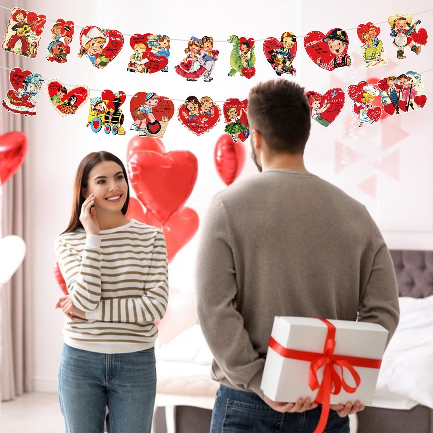 2Pcs Valentine's Day Decorations Vintage Style Hanging Banner Garland, 20 Styles Patterns Hanging Cards Banner with Rope, Valentine Party Supplies Decorations for Wedding Anniversary Engagement Decor