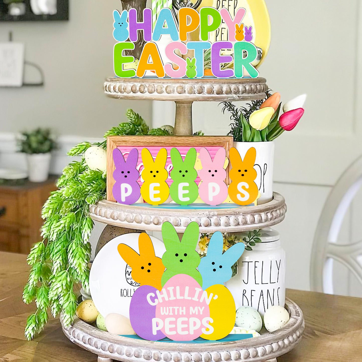 3Pcs Happy Easter Table Decorations Bunny Peeps Sign Happy Egg Hunt Table Centerpieces Bunny Rejoice Sign Wooden Easter Party Decorations Table Ornament for Easter Indoor Party Favors Tiered Tray Home